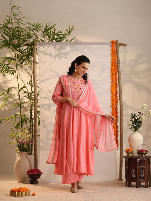 Khushal K Women Cotton Kurta and Palazzo With Dupatta Set - Pink