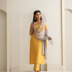 Khushal K Women Pure Silk yellow Embroidered Kurta & Palazzo With Dupatta