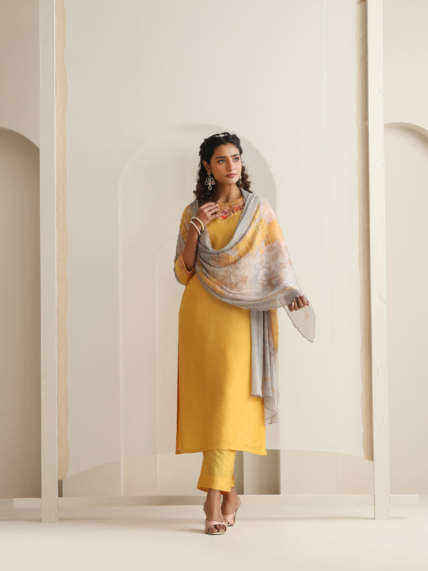 Khushal K Women Pure Silk yellow Embroidered Kurta & Palazzo With Dupatta