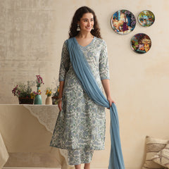 Khushal K Women Floral Printed Regular Pure Cotton Off-White Kurta & Palazzo With Dupatta