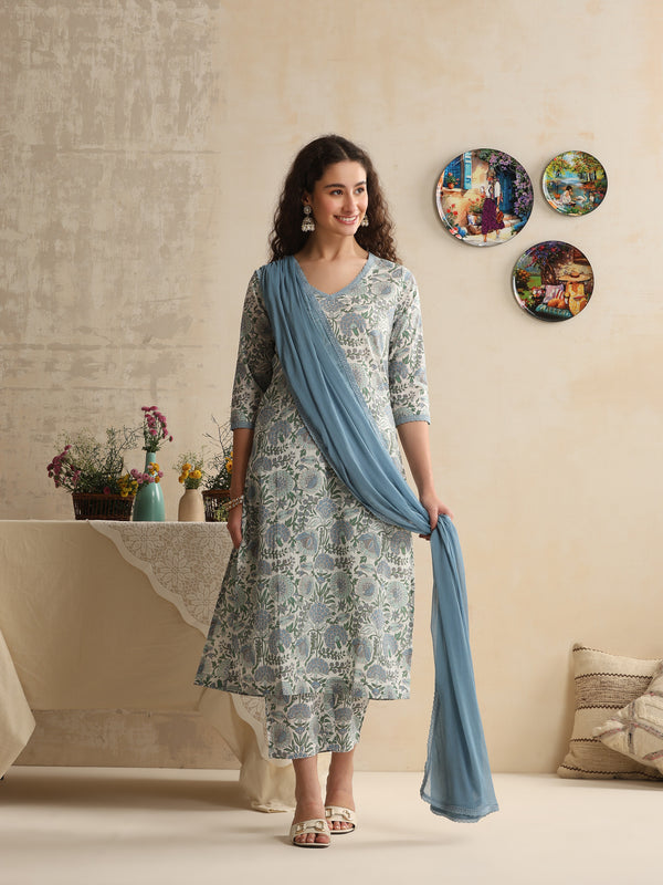 Khushal K Women Floral Printed Regular Pure Cotton Off-White Kurta & Palazzo With Dupatta