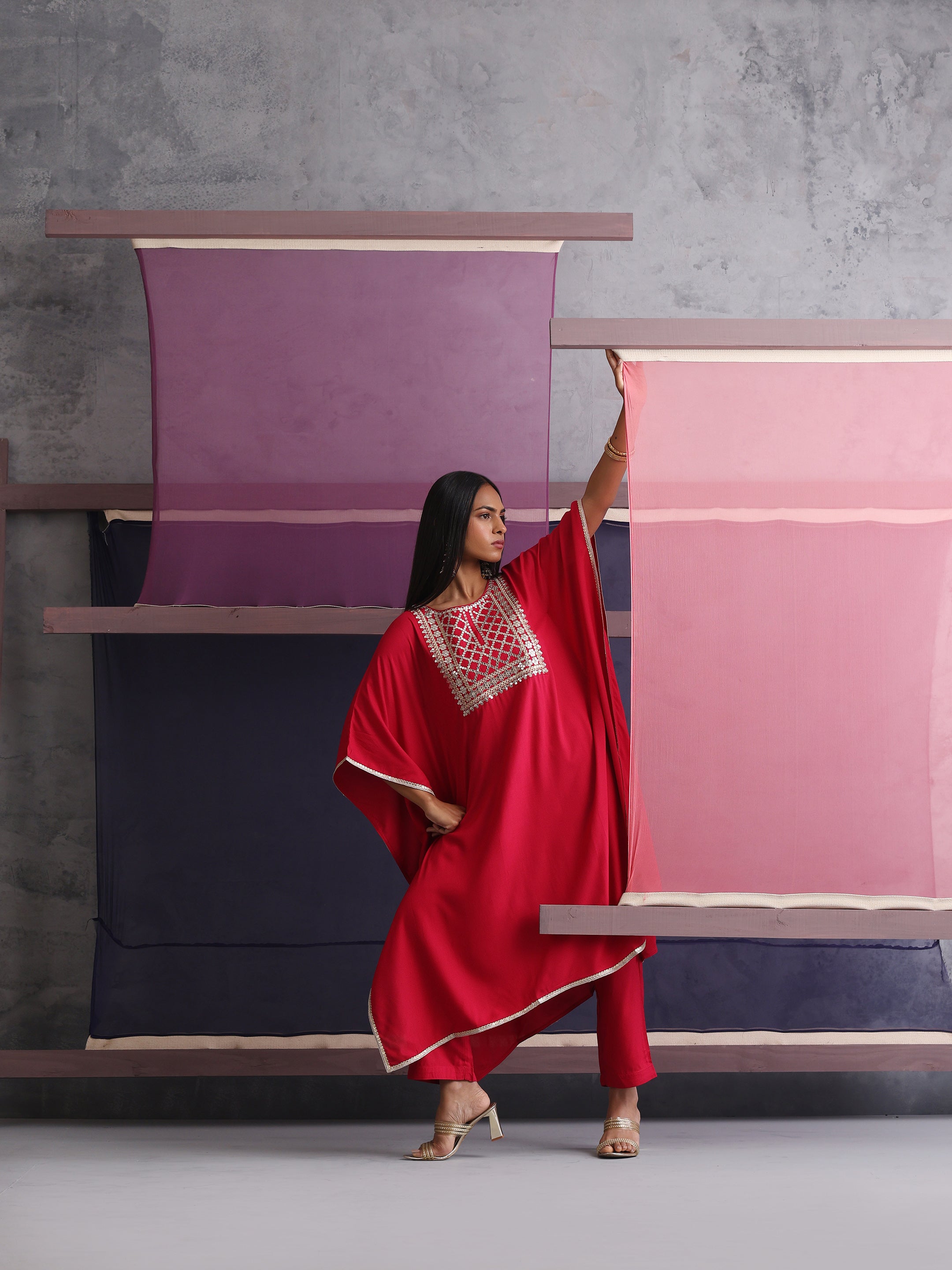 Khushal K Women Motifs Embroidered Pink Kaftan set