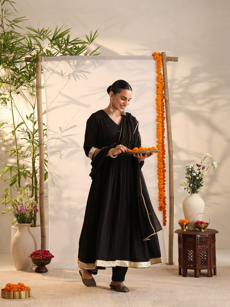 Khushal K Women Cotton Kurta and Palazzo With Dupatta Set - Black
