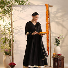 Khushal K Women Cotton Kurta and Palazzo With Dupatta Set - Black