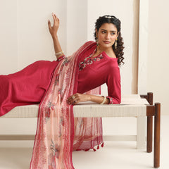 Khushal K Women Pure Silk pink Embroidered Kurta & Palazzo With Dupatta