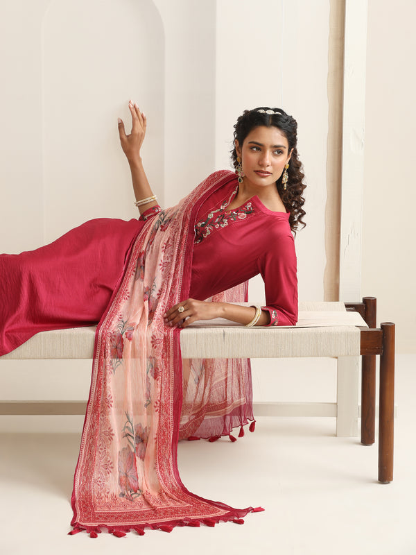 Khushal K Women Pure Silk pink Embroidered Kurta & Palazzo With Dupatta