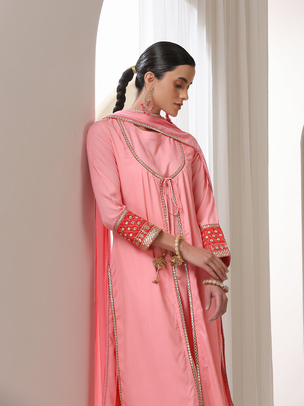 Floral Embroidered Sequinned Jacket Straight Kurta With Palazzos & Dupatta