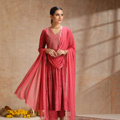Rayon Anarkali Kurta Set featuring intricate  thread embroidery and a graceful, contrast Chiffon dupatta