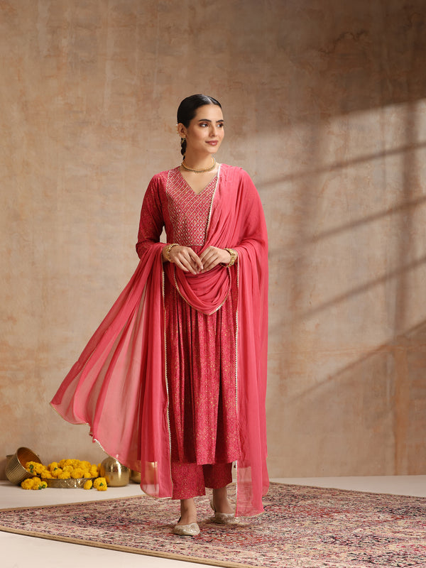 Rayon Anarkali Kurta Set featuring intricate  thread embroidery and a graceful, contrast Chiffon dupatta