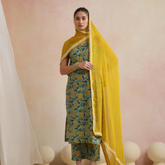 Khushal K Women Cotton Kurta Palazzo Dupatta Set - Green