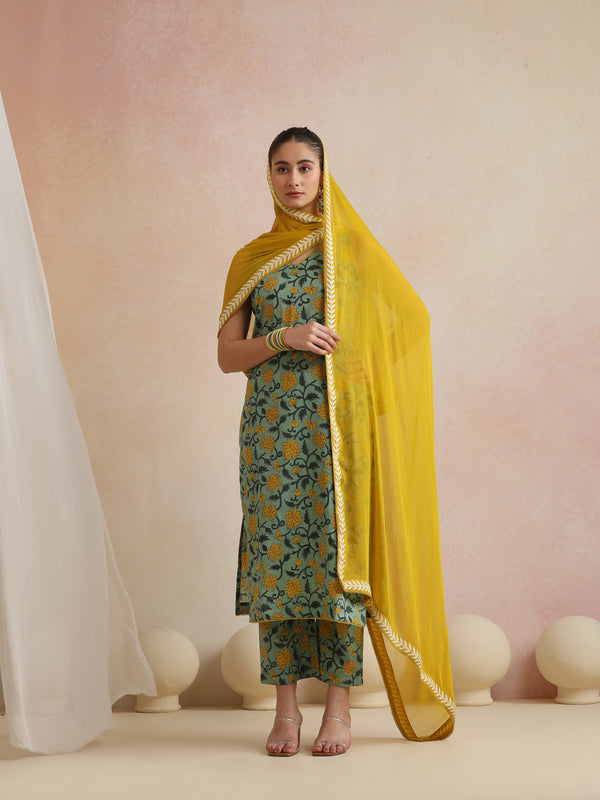 Khushal K Women Cotton Kurta Palazzo Dupatta Set - Green