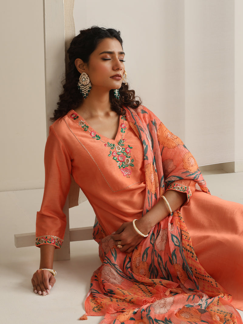 Khushal K Women Pure Silk orange Embroidered Kurta & Palazzo With Dupatta