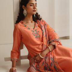 Khushal K Women Pure Silk orange Embroidered Kurta & Palazzo With Dupatta