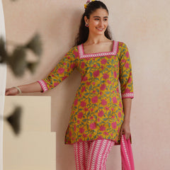 Khushal K Women Cotton Kurta Palazzo Dupatta Set - Yellow
