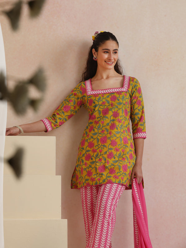 Khushal K Women Cotton Kurta Palazzo Dupatta Set - Yellow