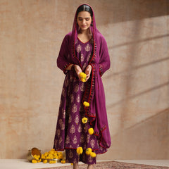 Purple, maroon & gold-toned printed kurta with trouser & dupatta