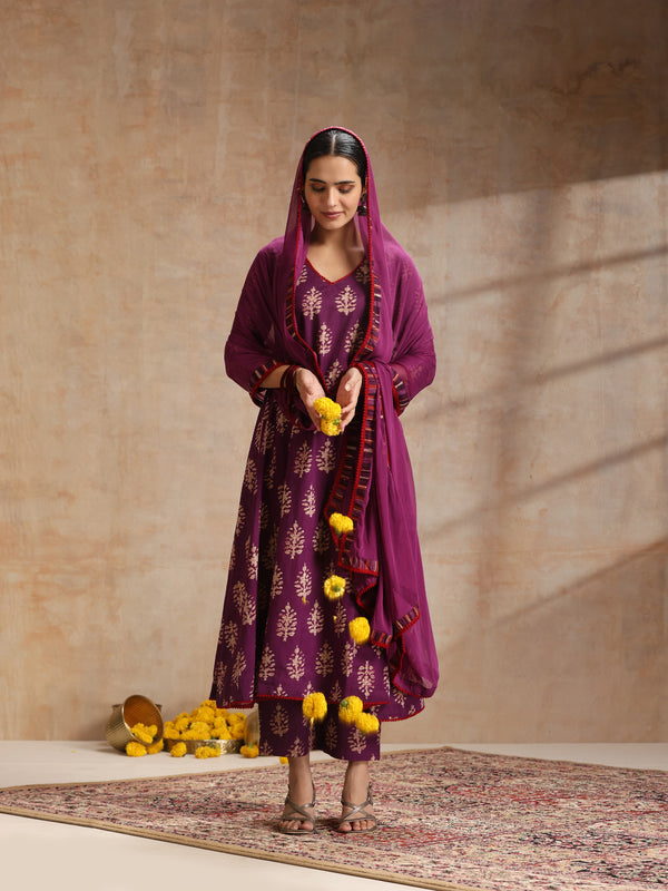 Purple, maroon & gold-toned printed kurta with trouser & dupatta