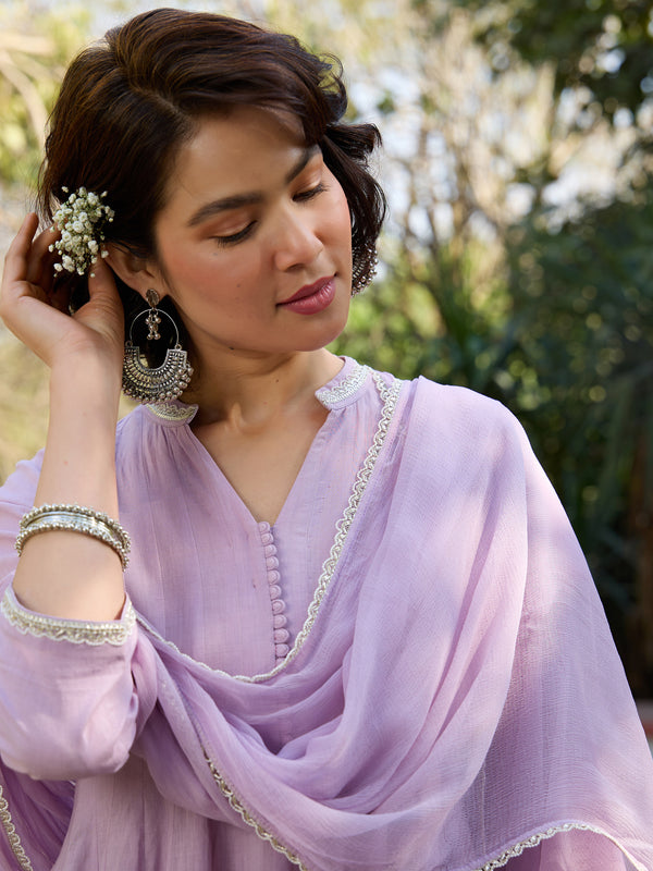 Khushal K Women Cotton Kurta and Palazzo With Dupatta Set - Lavender