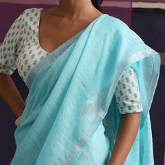 Women Cotton Torquoise Blue Linen Printed Saree
