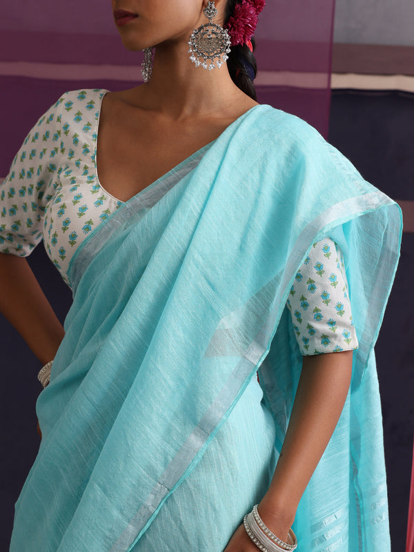Women Cotton Torquoise Blue Linen Printed Saree