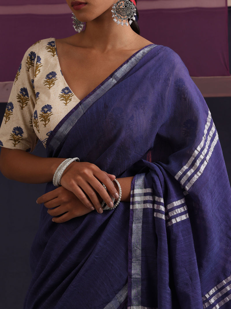 Women Cotton Blue Linen Printed Saree