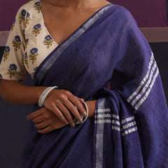 Women Cotton Blue Linen Printed Saree
