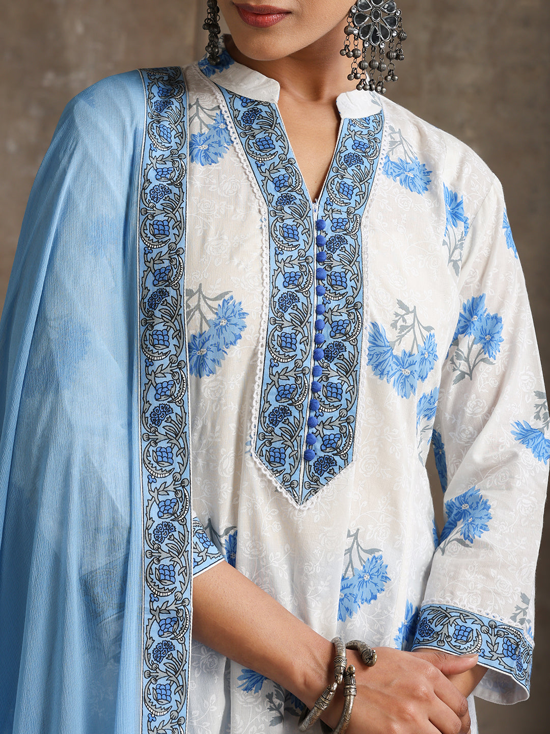 Floral Printed Pure Cotton A-Line Kurta With Palazzos And Dupatta
