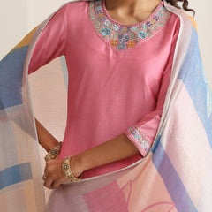 Khushal K Women Pure Silk pink Embroidered Kurta & Palazzo With Dupatta