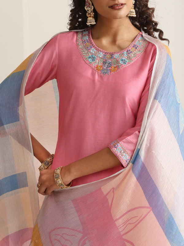 Khushal K Women Pure Silk pink Embroidered Kurta & Palazzo With Dupatta