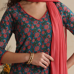Khushal K Women Floral Printed Regular Pure Cotton Blue Kurta & Palazzo With Dupatta