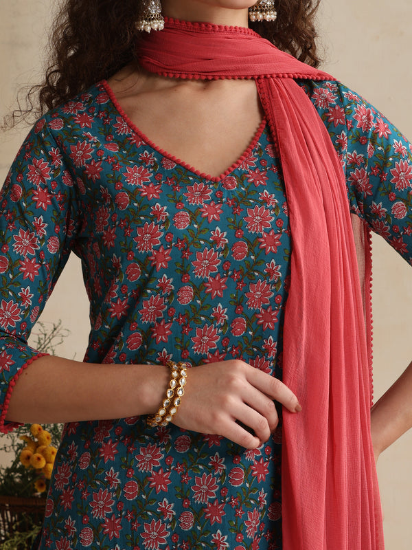 Khushal K Women Floral Printed Regular Pure Cotton Blue Kurta & Palazzo With Dupatta