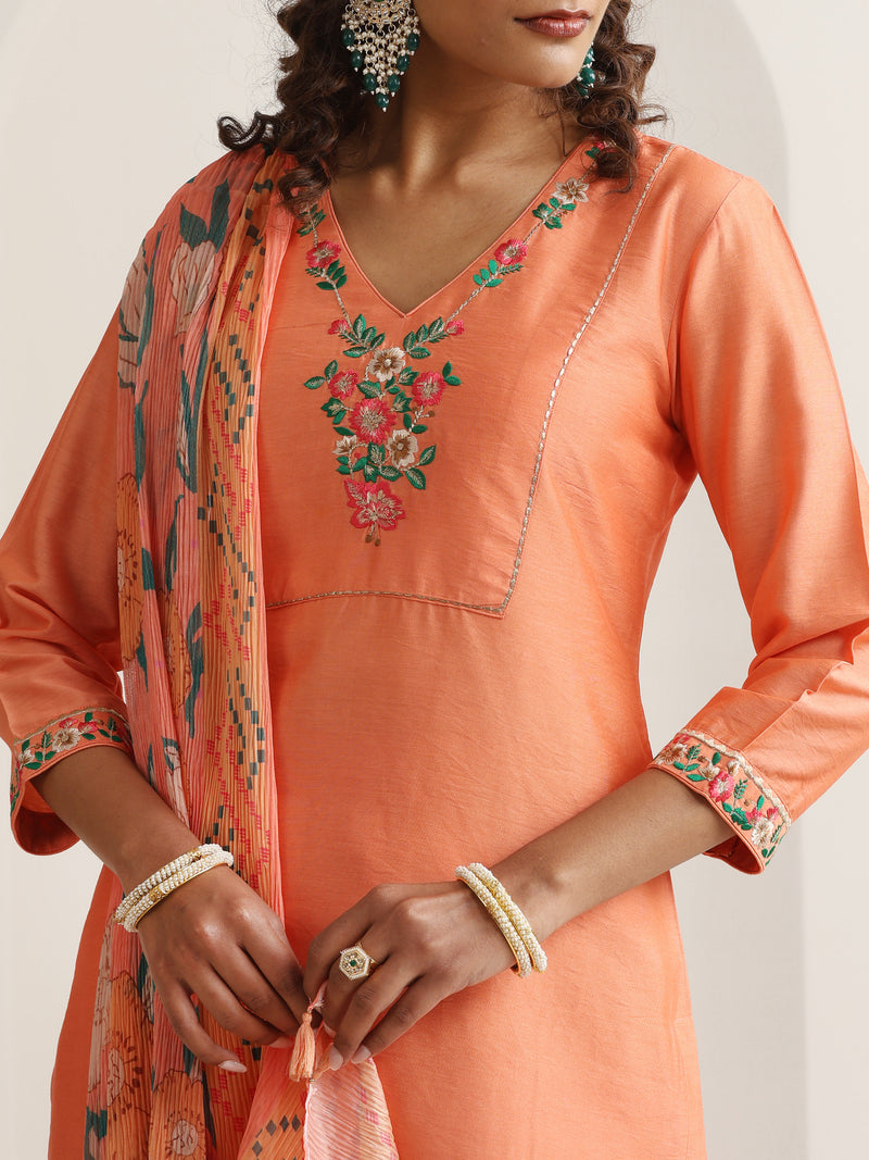 Khushal K Women Pure Silk orange Embroidered Kurta & Palazzo With Dupatta