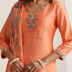 Khushal K Women Pure Silk orange Embroidered Kurta & Palazzo With Dupatta