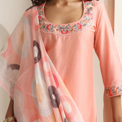 Khushal K Women Pure Silk peach Embroidered Kurta & Palazzo With Dupatta