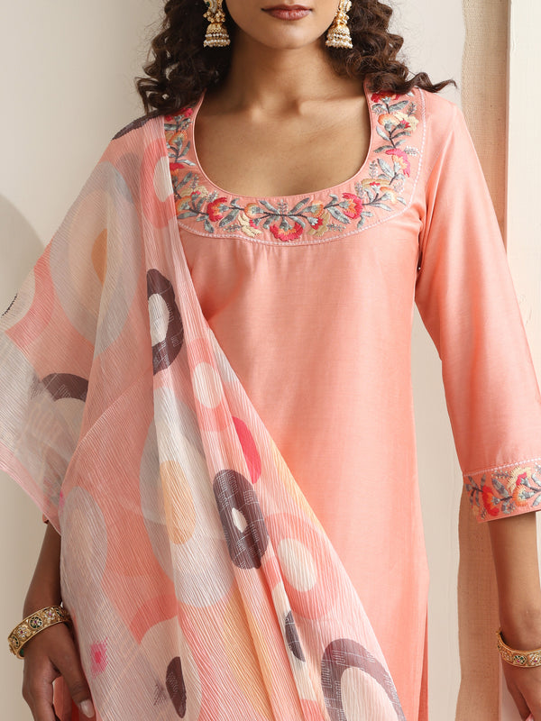 Khushal K Women Pure Silk peach Embroidered Kurta & Palazzo With Dupatta