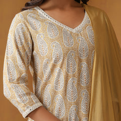 Paisley Printed Pure Cotton Straight Kurta With Palazzo And Dupatta