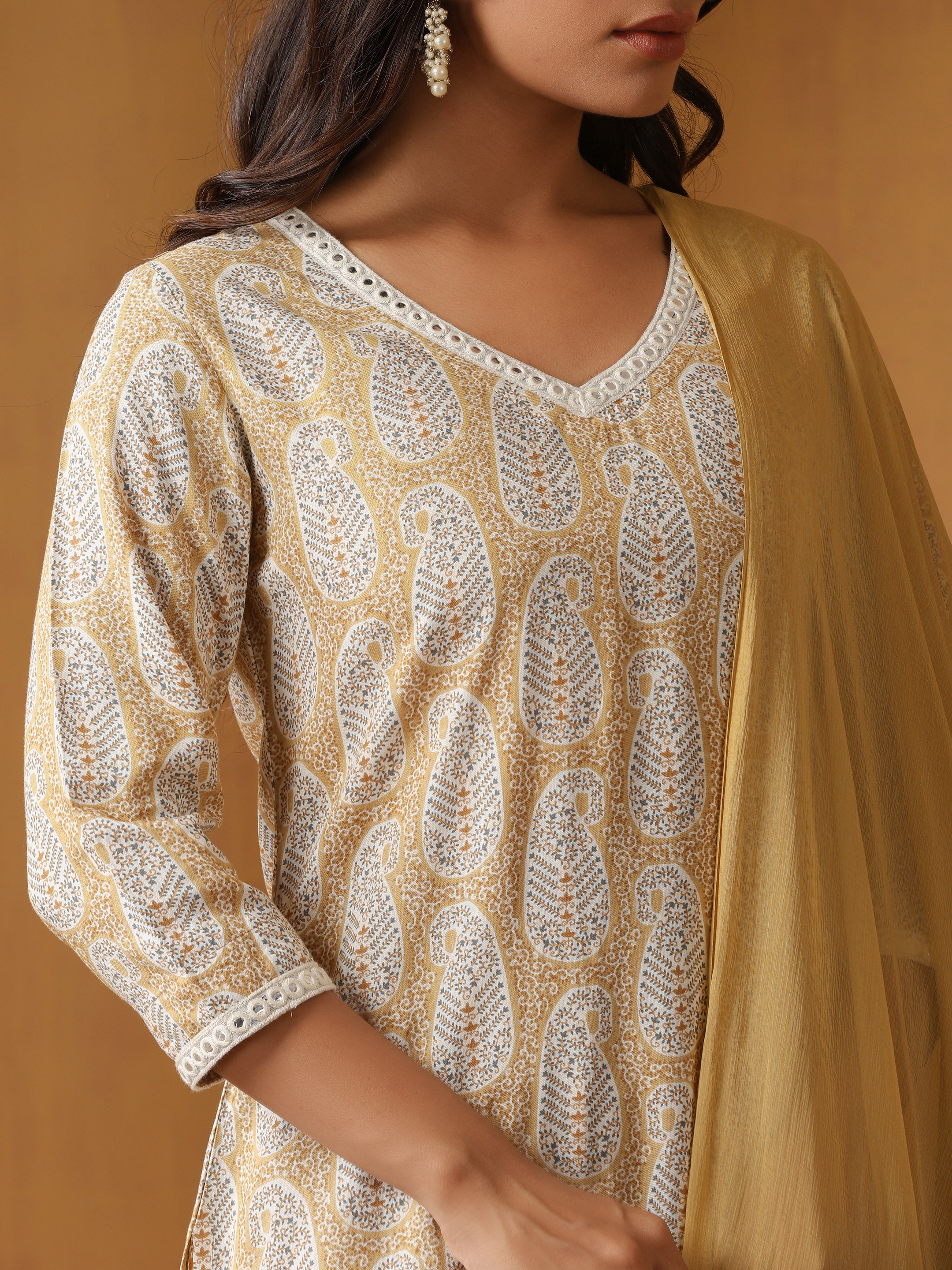 Paisley Printed Pure Cotton Straight Kurta With Palazzo And Dupatta