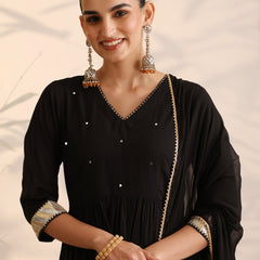 Khushal K Women Cotton Kurta and Palazzo With Dupatta Set - Black