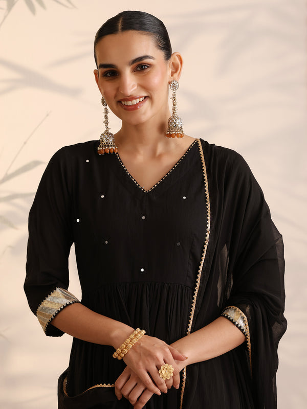 Khushal K Women Cotton Kurta and Palazzo With Dupatta Set - Black