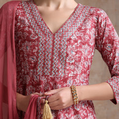 Floral Printed V Neck A Line Pure Cotton Kurta With Trousers & Dupatta
