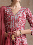 Floral Printed V Neck A Line Pure Cotton Kurta With Trousers & Dupatta