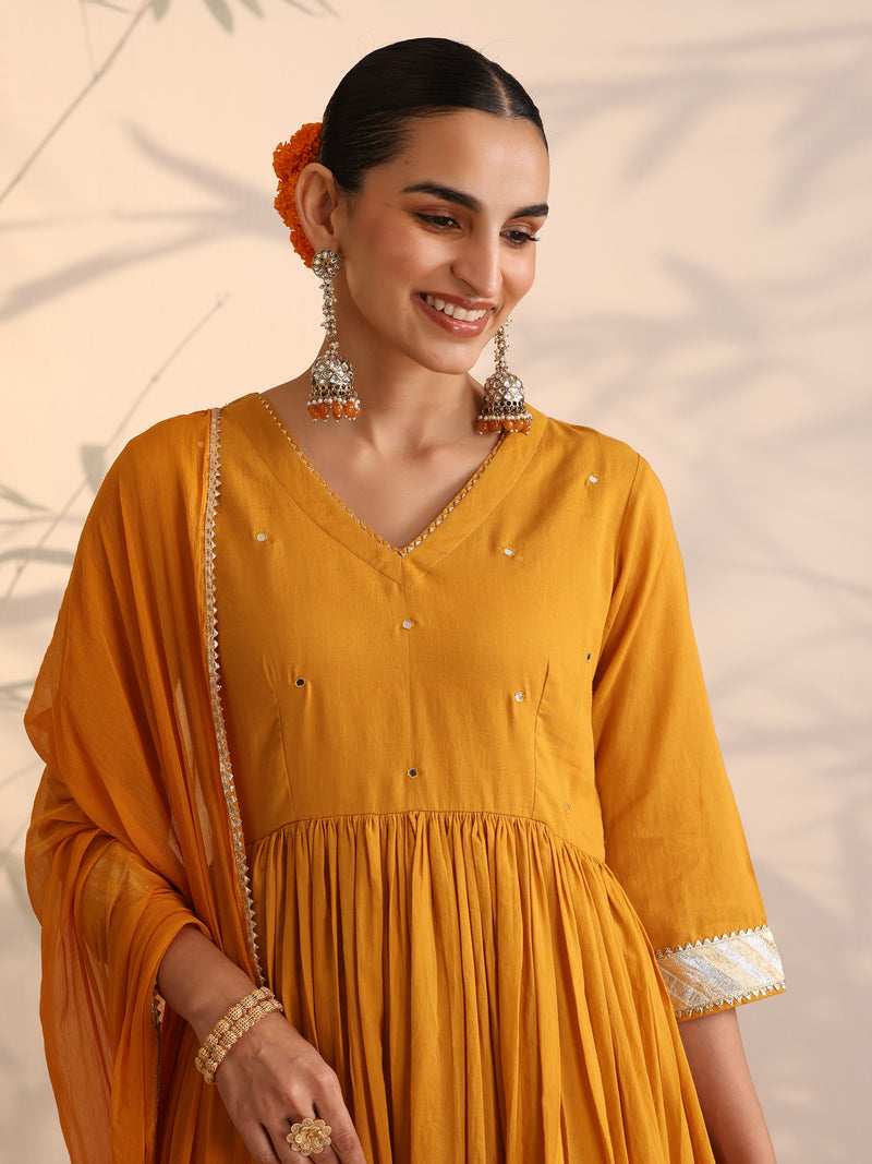 Khushal K Women Cotton Kurta and Palazzo With Dupatta Set - Mustard