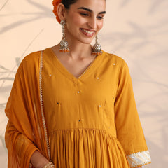 Khushal K Women Cotton Kurta and Palazzo With Dupatta Set - Mustard