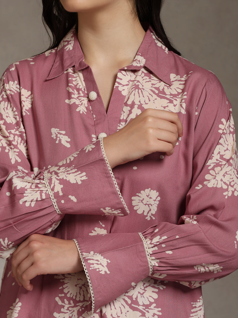 Floral Printed Mauve Co-ord Set with Flared Sleeves