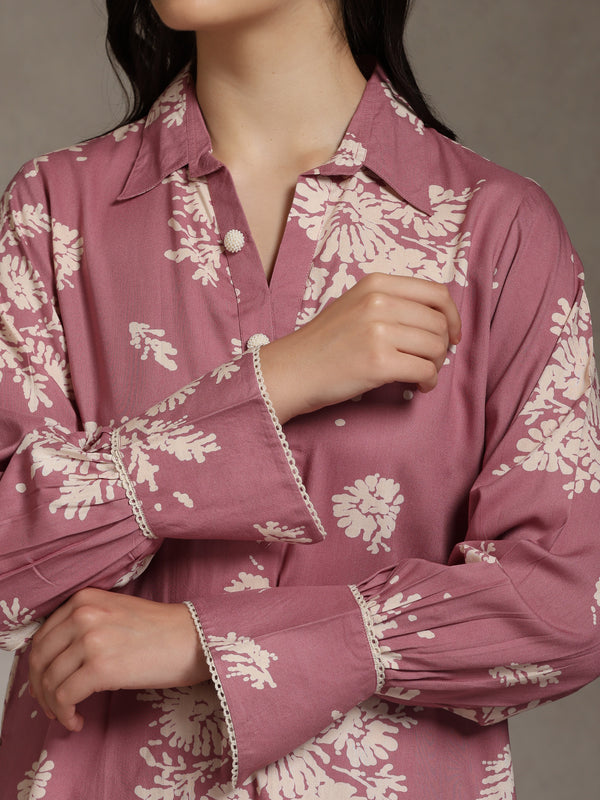 Floral Printed Mauve Co-ord Set with Flared Sleeves