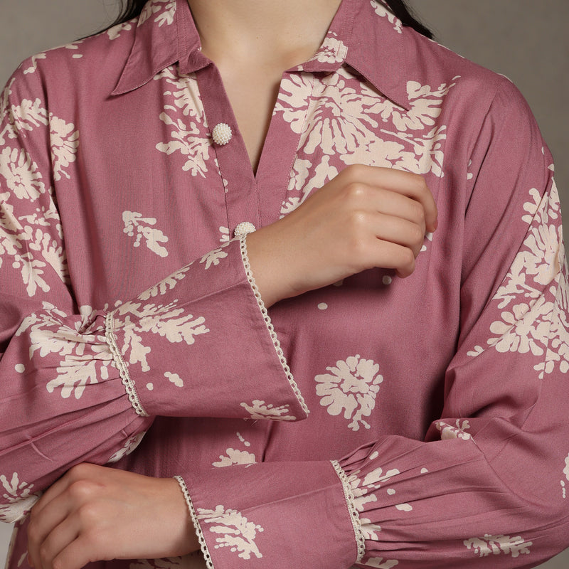 Floral Printed Mauve Co-Ord Set with Flared Sleeves - Pink - Khushal K - Image 2