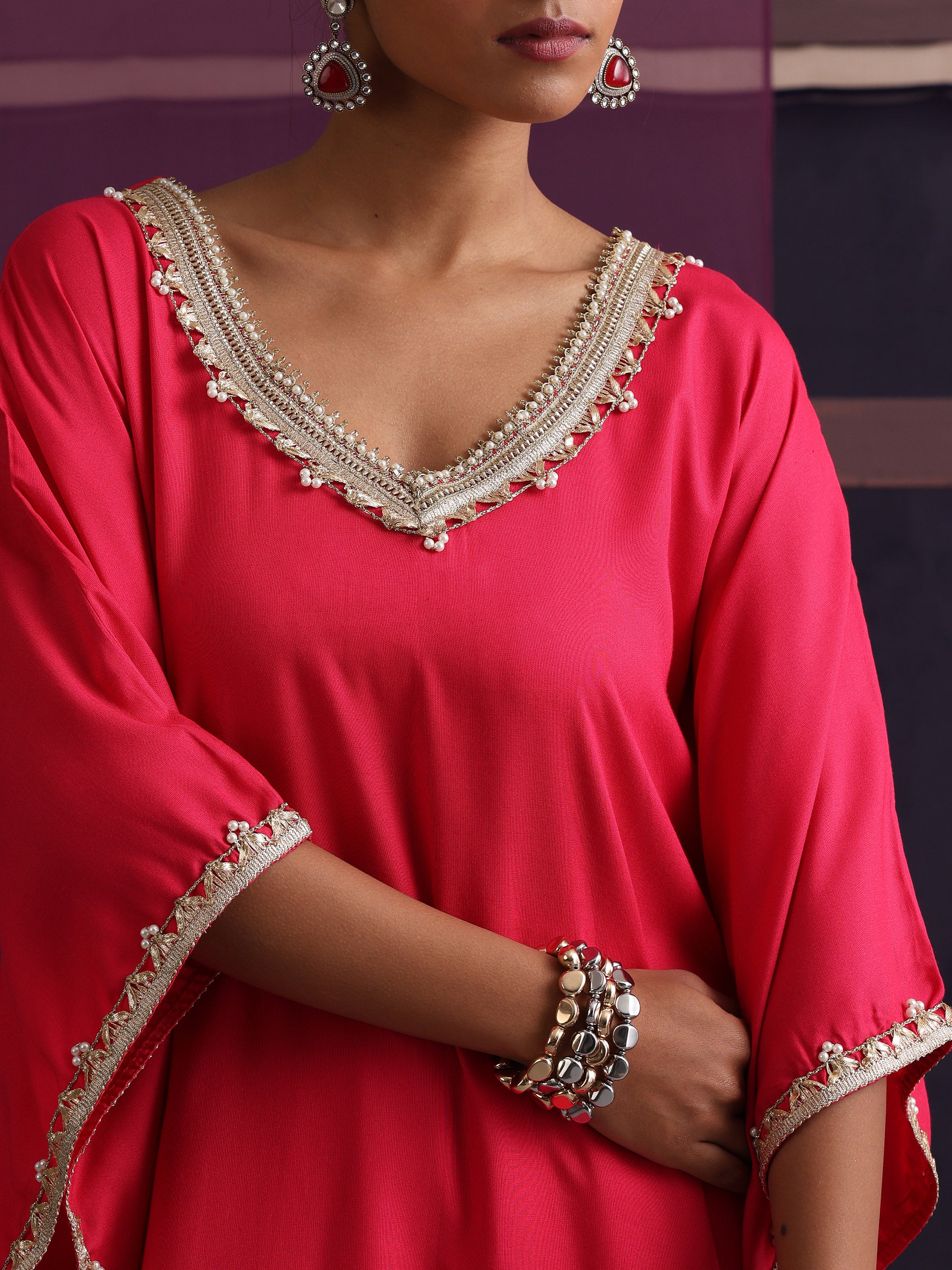 Khushal K Women V-Neck Pink Kaftan set