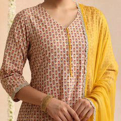 Off-White Block Print Kurta Set with Sunshine Yellow Dupatta
