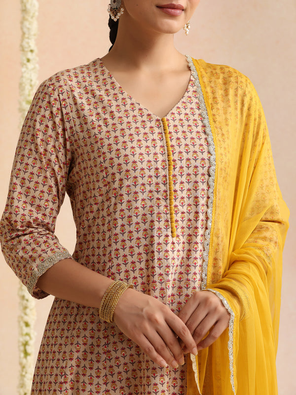 Off-White Block Print Kurta Set with Sunshine Yellow Dupatta