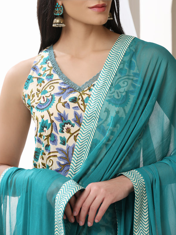 Khushal K Women Floral Printed Cotton Kurta with Trousers & Dupatta